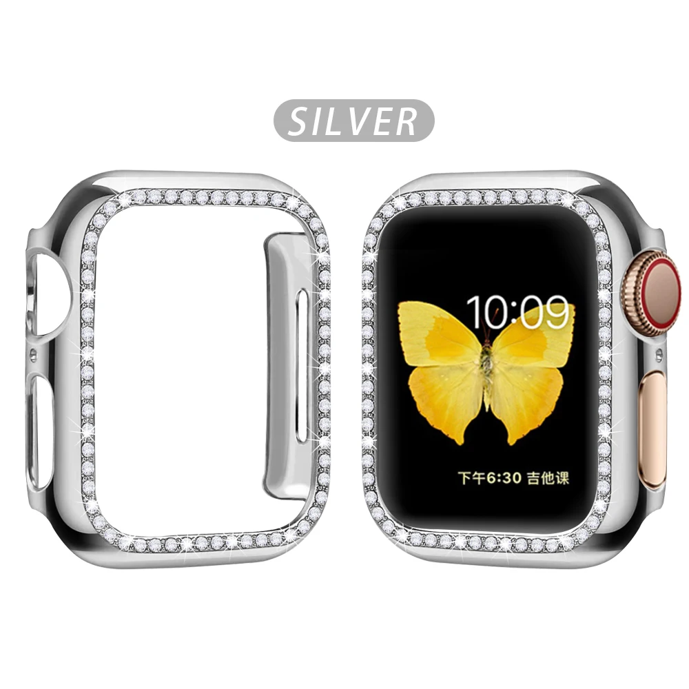 Silver Чехол со стразами для Apple watch band 5 4 3 2 1 чехол крышка 44 мм 40 мм 42 мм 38 мм iwatch band Crystal защитный бампер - Цвет: Silver