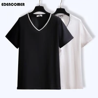 v neck all match thin top korean fashion silver edge bottoming t shirts 2021 summer new plus size t shirt women tshirts tops