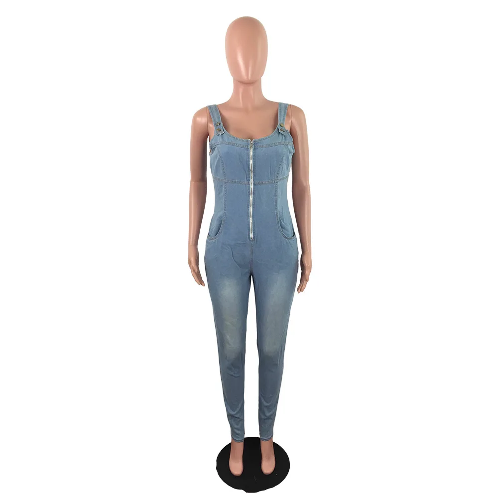 

Sexy Club Deep V Spaghetti Strap Denim Jeans Jumpsuit Women Long Pants Sleeveless Zipper Pocket Blue Jumpsuits Backless Overalls