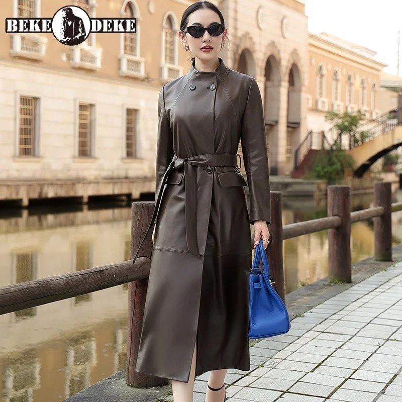 

Женское двубортное пальто из натуральной овечьей кожи, Осеннее длинное облегающее пальто с поясом, Офисная уличная одежда