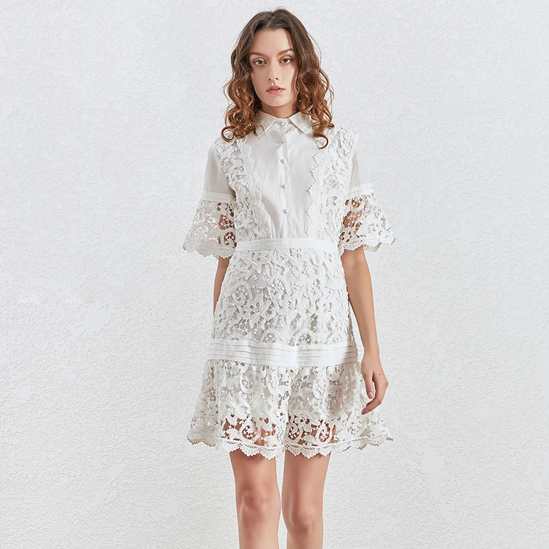 TWOTWINSTYLE Лоскутные кружевные платья женский воротник с отворотом коротким рукавом