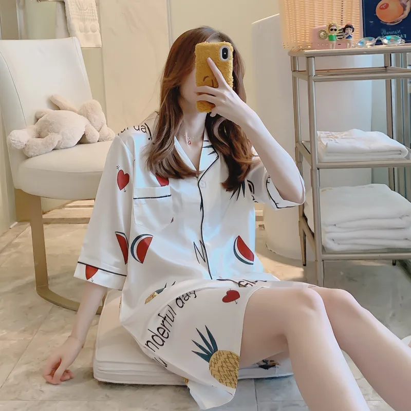 2021 Spring Summer New Simulation Silk Nightdress Women's Simple Fresh Cardigan Small Lapel Shirt Nightwear Housewear Sleepwear