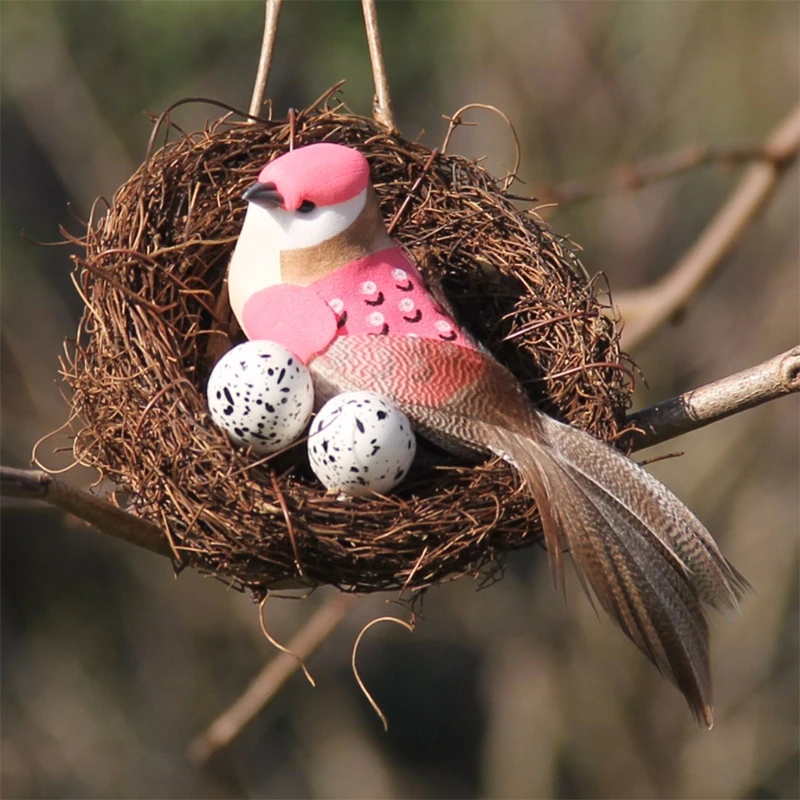 

6 Sets Easter Artificial Nest Natural Bird Nest Kit Includes Artificial Twig Nest, Fake Foam Feather Birds, Foam Eggs