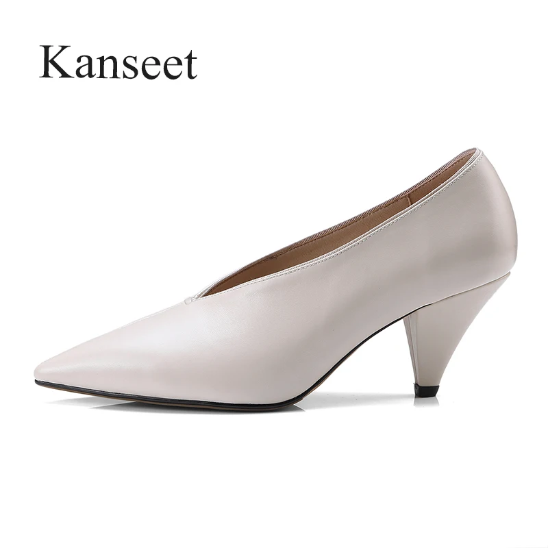 Kanseet New Women Pumps 2021 Spring Autumn Pointed Toe Genuine Leather Elegant Handmade Mature Footwear Hot Sale 7cm High Heels