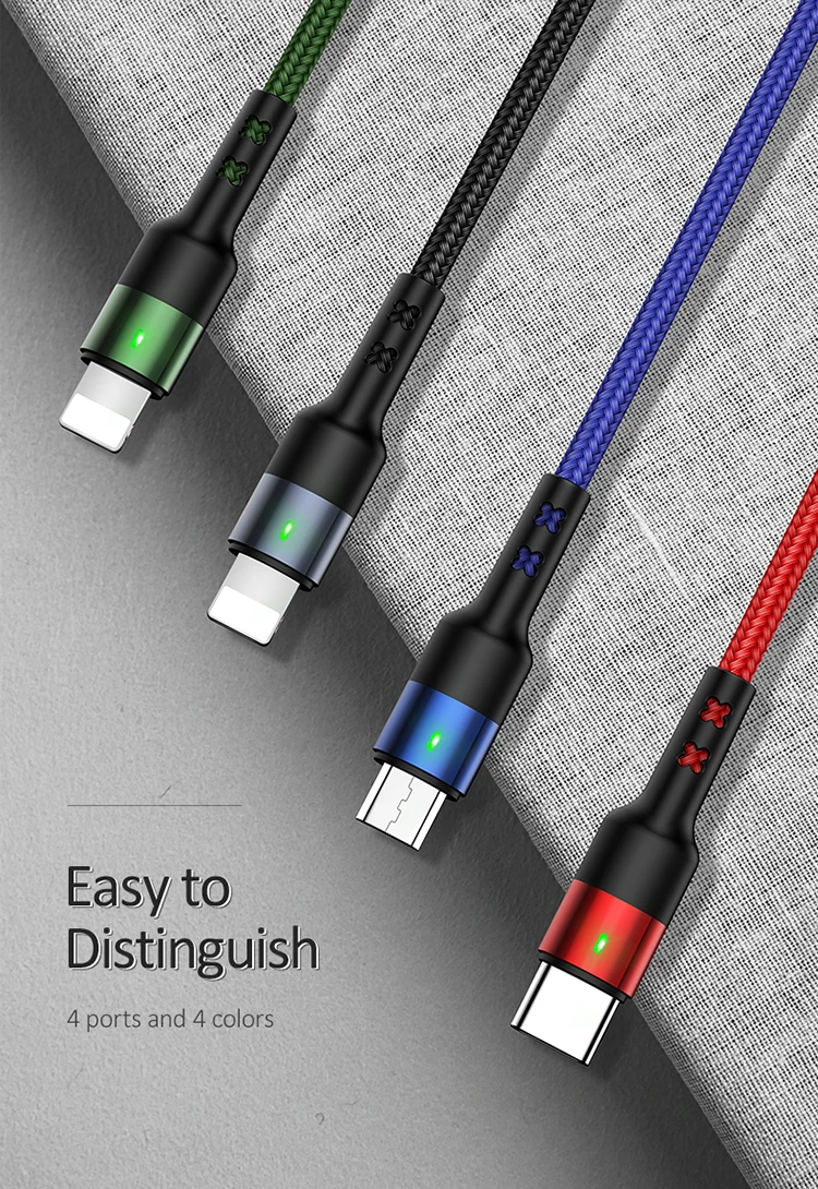 USAMS 4 в 1 мульти usb Кабель зарядного устройства для iPhone xs samsung huawei xiaomi линия зарядки для lightning micro usb type c кабель led