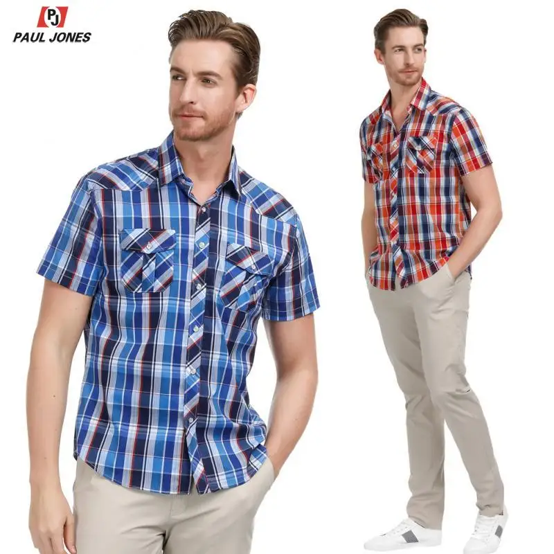 Мужская хлопковая рубашка с коротким рукавом PAUL JONES Повседневная в клетку