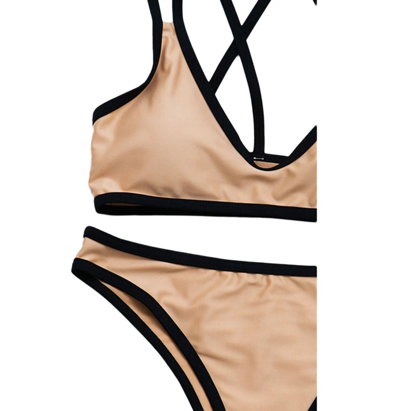 

Meihuida Women Two-piece Swimwear Set Bordered Color U-shaped Collar Bikini Padded Tops and Mid Waist Shorts Beach Wear Biquinis
