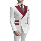 Классические мужские костюмы бордового цвета с Пейсли отложным воротником и карманами, белые свадебные костюмы для жениха, двубортный костюм, мужские блейзеры
