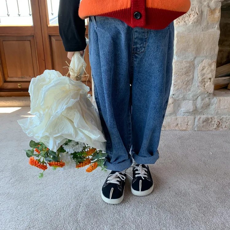 

Детские осенние брюки WLG для мальчиков и девочек, джинсовые синие свободные однотонные джинсы, Детские повседневные универсальные брюки дл...