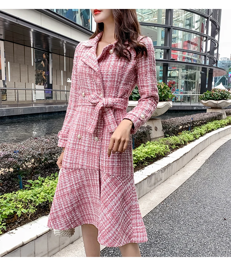 Autumn Winter Pink Plaid Tweed Wool Long Coat Women Notched Double Dreasted Sashes Ruffles Woolen Overcoat Mermaid Outerwear