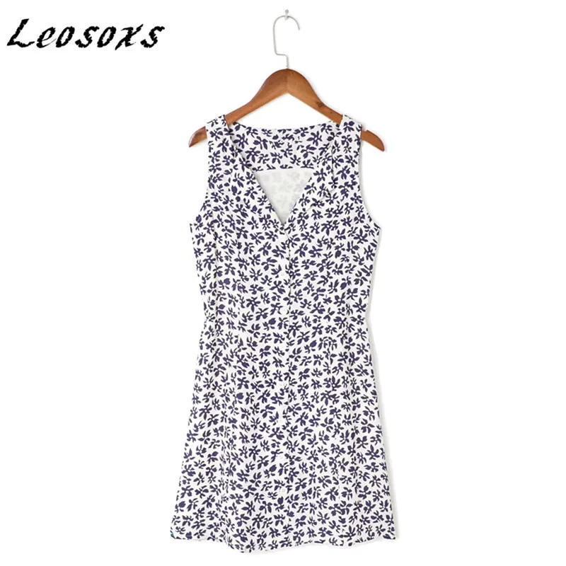 

Leosoxs French floral chiffon dress aesthetic vintage sleeveless camisole sexy V-neck single-breasted dresses 2021 Summer New