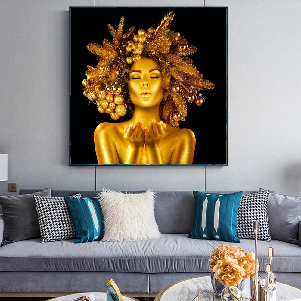 

Nordic Golden Woman Canvas Painting Sexy Lips Posters and Prints Scandinavian Wall Pictures for Living Room Decor