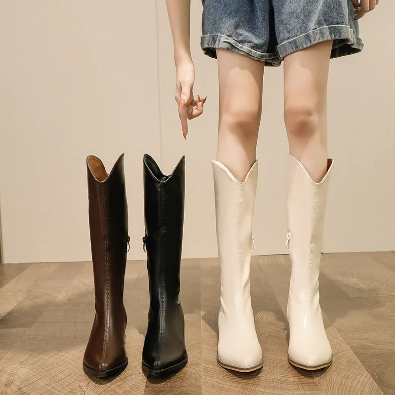 

Qinwa Western Cowboy Boots Women Autumn Boots 2021 New High Tube Knight Boots Women Pointed V-mouth White Boots