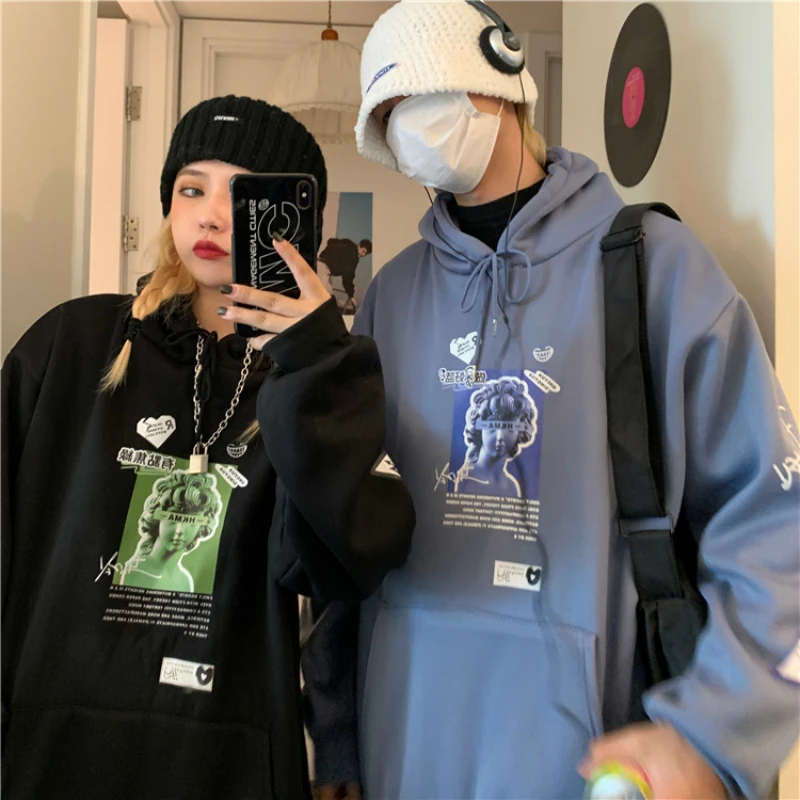 

Men with Hat Sweatshirts Long Sleeve Hooded Front Pockets Print Plus Velvet Designed Male Hoodies Autumn New Baggy Punk Couple