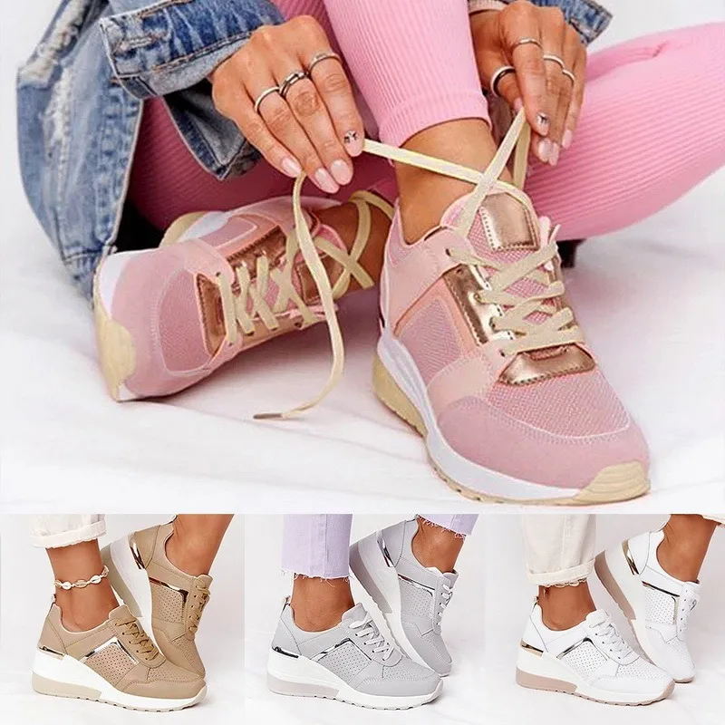 

Hot sale Casual Shoes Comfortable New 2021 Women Lace Up Wedge Sports Sneakers Vulcanized Platform