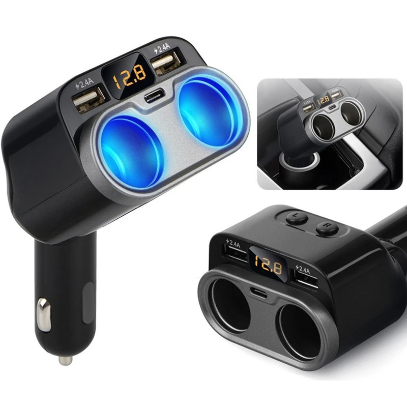 

Car Charger 2 Sockets Cigarette-Lighter Splitter 12/24V USB Type-C Ports Separate Switch LED for Cell Phone GPS Dash Cam