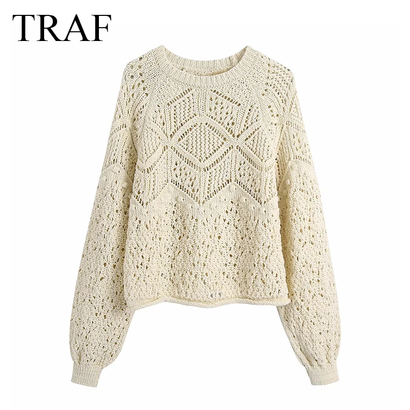 

TRAF ZA Knitted Sweater 2021 New Autumn Winter Fashion Jacquard Mesh Vintage O Neck Long Sleeve Female Pullovers Chic Tops
