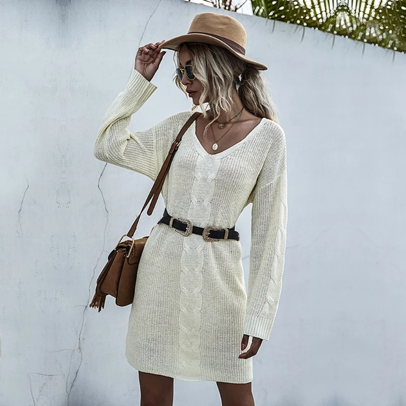 

Women Long Sleeve Knitted Sweater Dress Sexy V-neck Slim Fit Mid-Length Jumper U50C