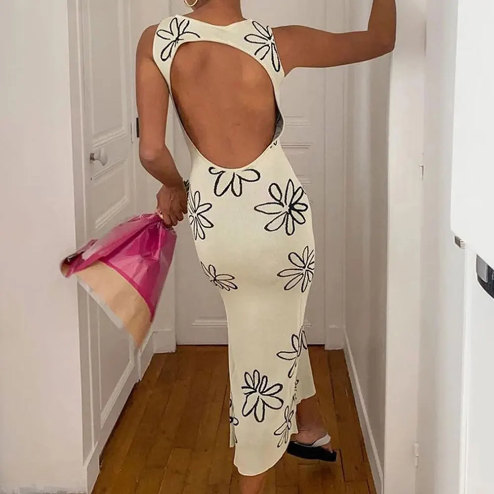 

2021 Summer Sexy Y2K Backless White Women Dress Casual Sleeveless Midi Bodycon Club Print Floral Lady Party Beach Dresses