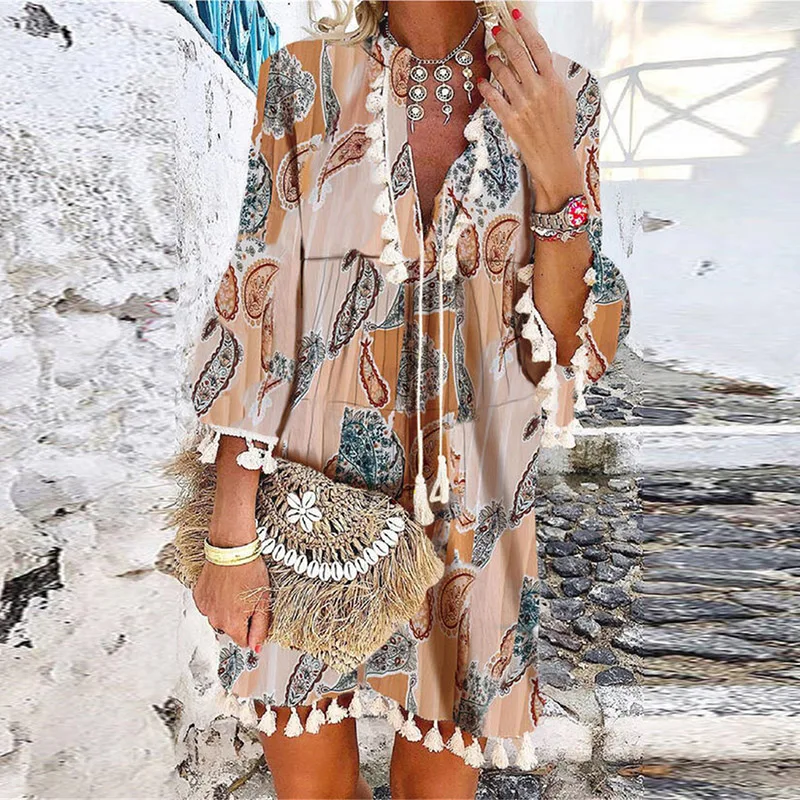 

Summer Tassel Design Lady Party Dress Fashion Deep V Neck 3/4 Sleeve Loose Mini Dress Vintage Casual Boho Beach Female Dresses