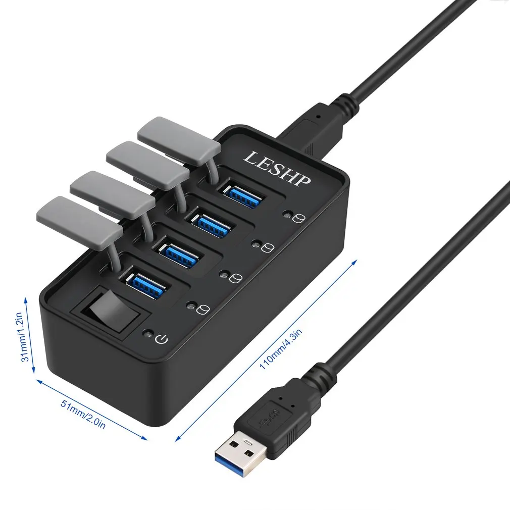 

4 Ports USB 3.0 Hub High Speed 5Gbps USB 3.0 Data Hub Splitter with LEDs & Switch External Power Adapter for PC Laptop