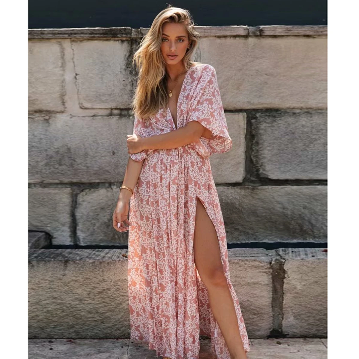 

Pink Floral Printed Women Maxi Dress Summer Deep V Neck Batwing Sleeve Vintage Vestidos Boho Beach Casual Sexy Long Dress 2021