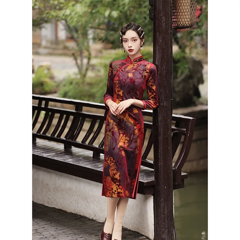 

H.RONG.X 2021 AW Retro Improved Cheongsam Dress Red Print Chinese Traditional New ChiPao Elegant Old Shanghai Sexy Long Gown