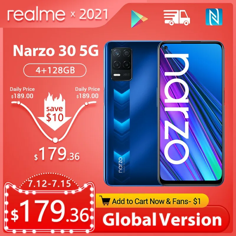 Предварительная продажа мировая премьера realme Narzo 30 5G глобальная версия 4 Гб 128 NFC
