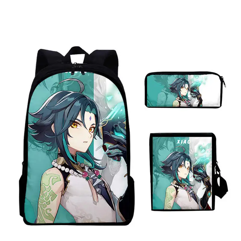 Школьный портфель с цифровым принтом аниме Genshin Impact, рюкзак на молнии + сумка через плечо + чехол-карандаш, комплект из трех предметов для муж...