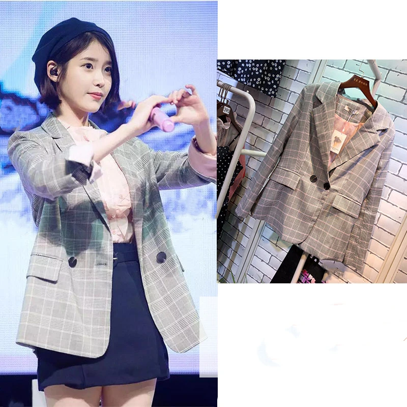 

Новинка, Женская Осенняя куртка Kpop IU Lee Ji Eun, модные повседневные блейзеры в клетку, рабочее пальто на пуговицах с длинным рукавом, Деловые же...