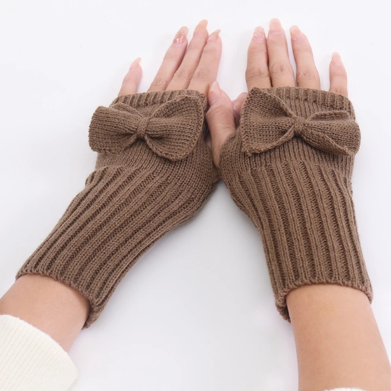 

Women Winter Knit Fingerless Gloves Cute Bowknot Thumb Hole Mittens Arm Warmers
