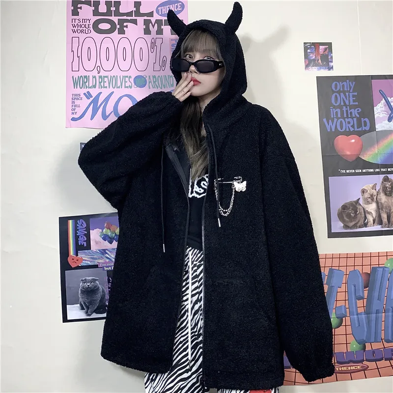 Ruibbit/осенне зимняя женская Толстовка Harajuku в стиле панк готика черный дьявол