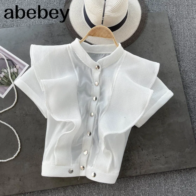 

Women Design Korean Blouse SweetFlying sleeve O Neck Solid Casual Tops Summer Chic Fashion Streetwear Short Blouses