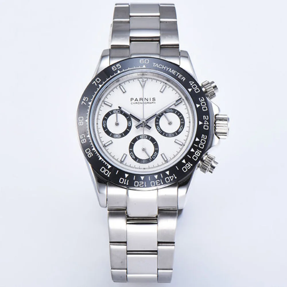 39 мм PARNIS белый циферблат сапфировое стекло Твердые Полный Хронограф Мужские