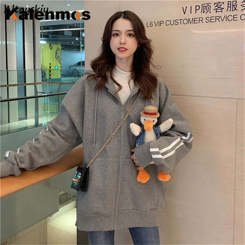 Куртки бойфренда женский спортивный костюм KALENMOS в полоску ретро осень Harajuku серый