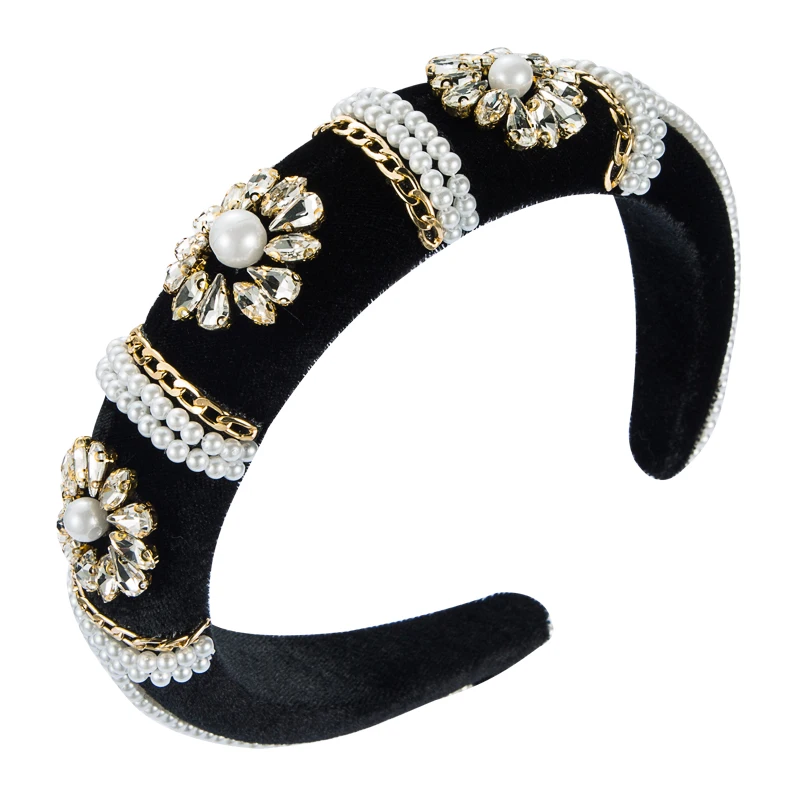 

King Shiny Baroque Crystal Flower Headband for Woman Vintage Imitation Pearl Beaded Sponge Hairband Gir; Hair Accessory Headwear