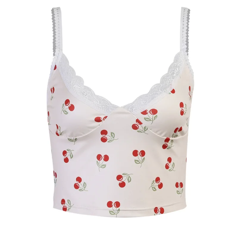 

Lace Crop Top Women Small Cherry Print Sexy Vest Deep V Exposed Navel Tight-fitting Suspender Female Y2K Streetwear Gothic Top