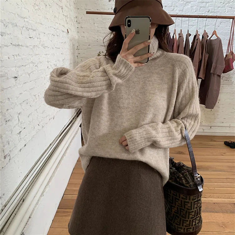 

Fannic 2020 Winter Casual Knitted Long Sleeve Solid Color Thickened Turtleneck Pullover Women