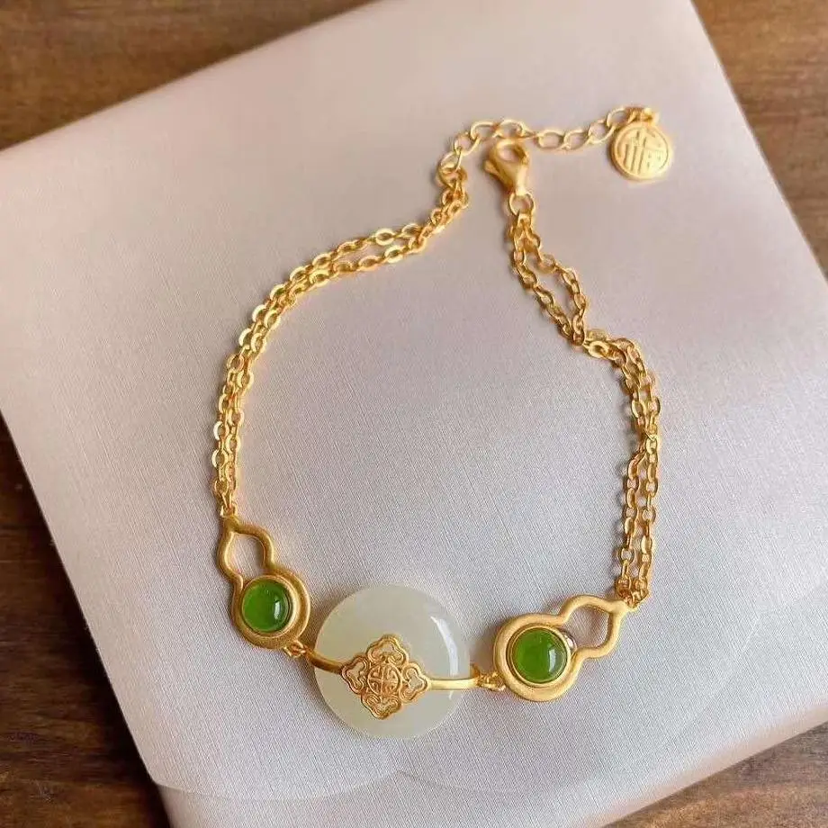 

Antique Bracelet Super Girl Chinese Style Small Pure Gourd Silver Gilding Inlaid Natural Hetian Jade Peace Buckle Bracelet for W