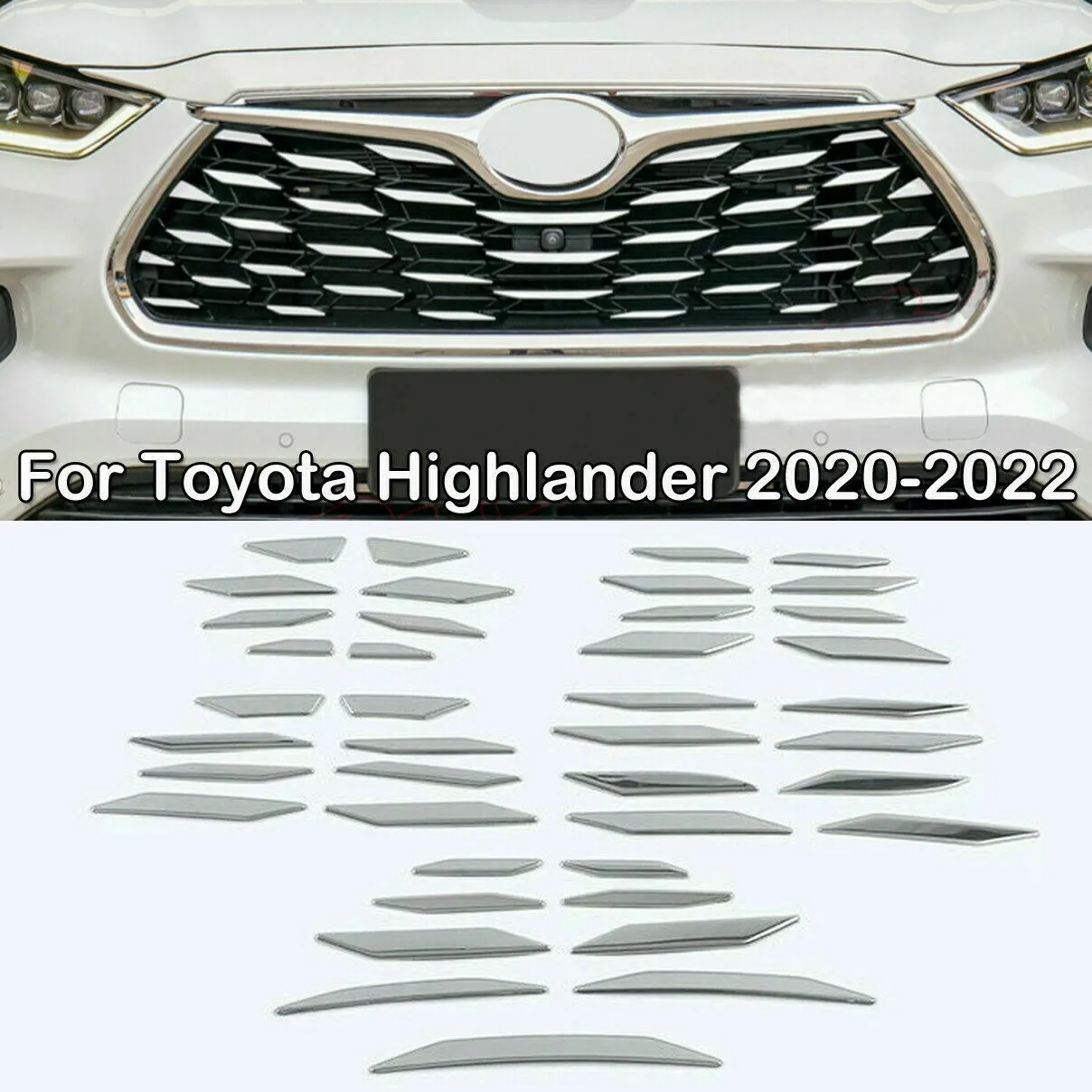 

For Toyota Highlander 2020-2022 Chrome Stainless Front Bumper Grille Decal Trim 1 Set Of Front Bumper Grille Decal