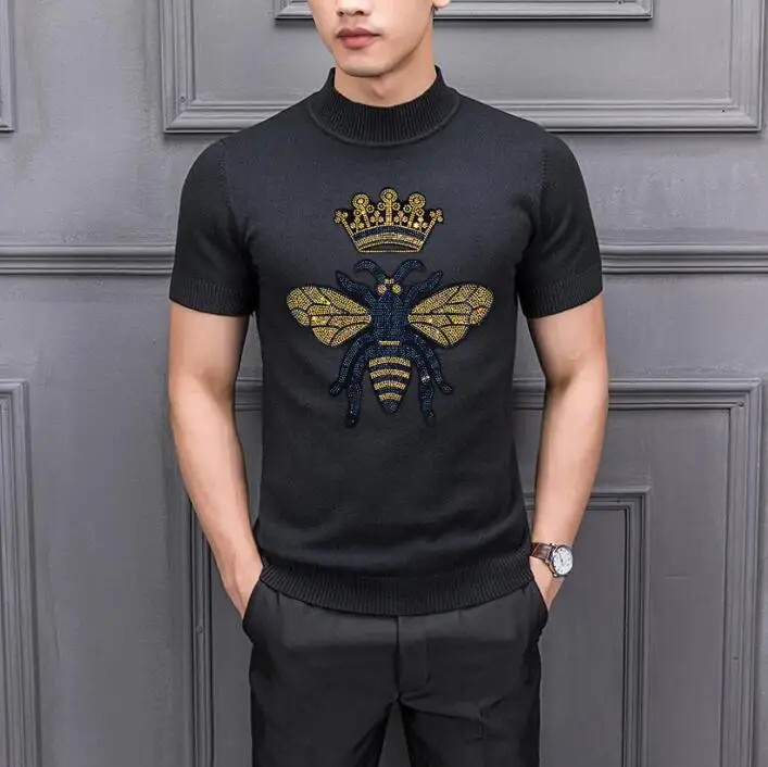 

Rhinestones Fashion Man Knitted Pullover O-Neck Short Sleeve Men Casual Diamonds design Sweater