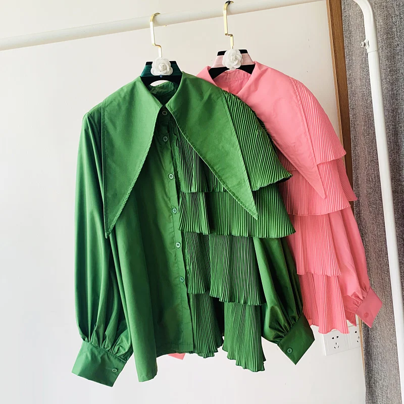

2021 Autumn Blusas Plus Size Shirt Irregular Design Puff Sleeve Pleated Ruffle Top Green Red Blouse Trendy Women Clothing blusas