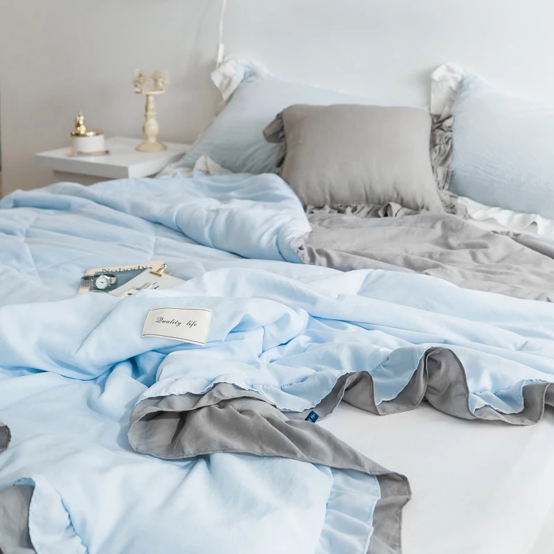 Хлопковое летнее одеяло с простым мытьем однотонное синее мягкое покрывало для