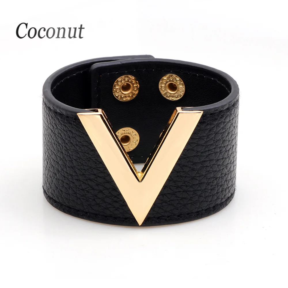 

Fashion luxury Big Leather V Letter Charm Bracelets For Women Adjustable Wide Hand Cuff Leather bangle Women Trendy Jewelry 2021