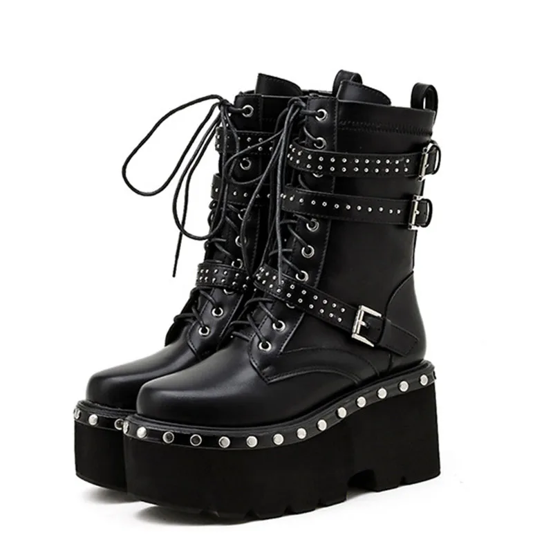 

LEOPARD LAND Style Thick Sole Thick Heel Rivet Women's Winter Short Wedge High Heel JXQ-889-2