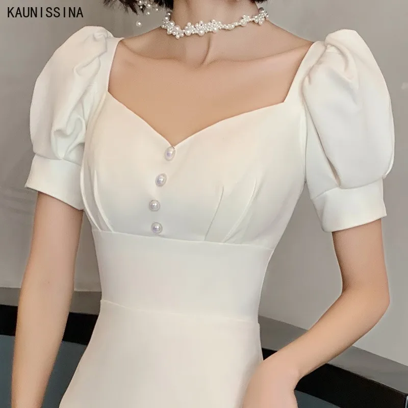 

New Bride Dress Simple Wedding Gown Long Elegant Square Collar Short Puff Sleeve Korean Wedding Dresses Robe Satin Vestidos