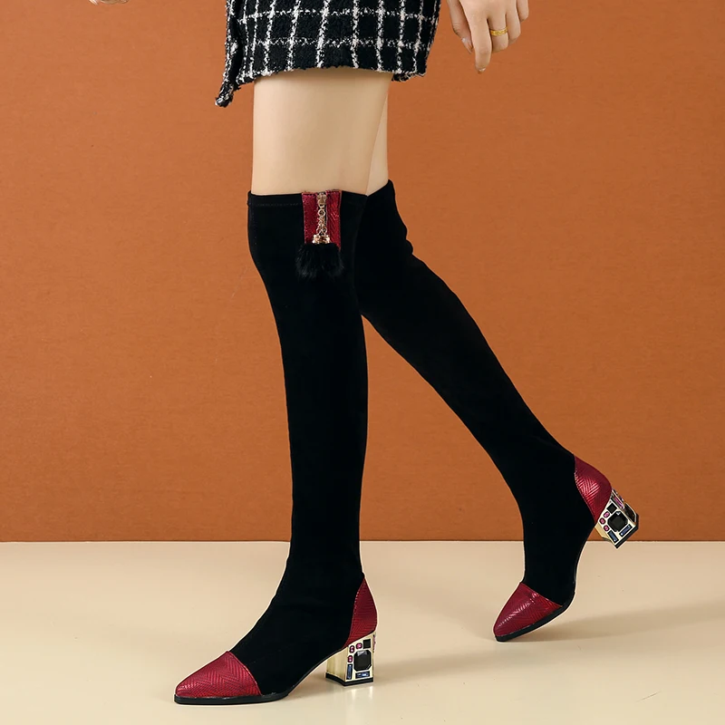 Сапоги до бедра из тонкой эластичной ткани стразы сапоги на высоком каблуке