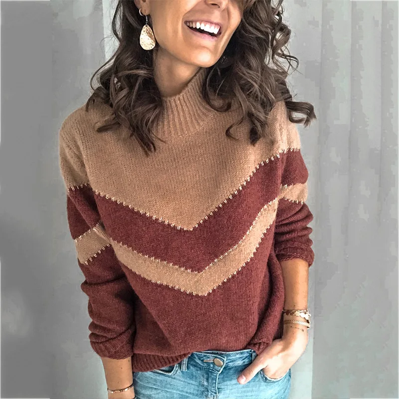 Женский свитер с V-образным вырезом вязаный джемпер в полоску зимний одежда