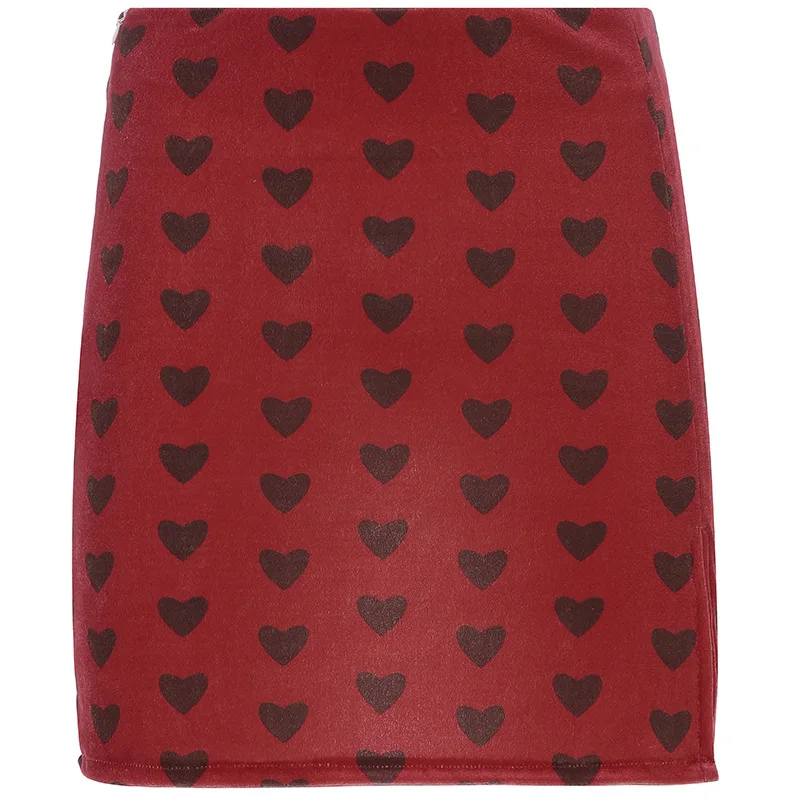 

OMSJ New Red Velvet High Waist Skirt 2019 Summer Streetwear Heart Print Zipper Sexy Skirts Womens Split Side A-Line Mini Skirt