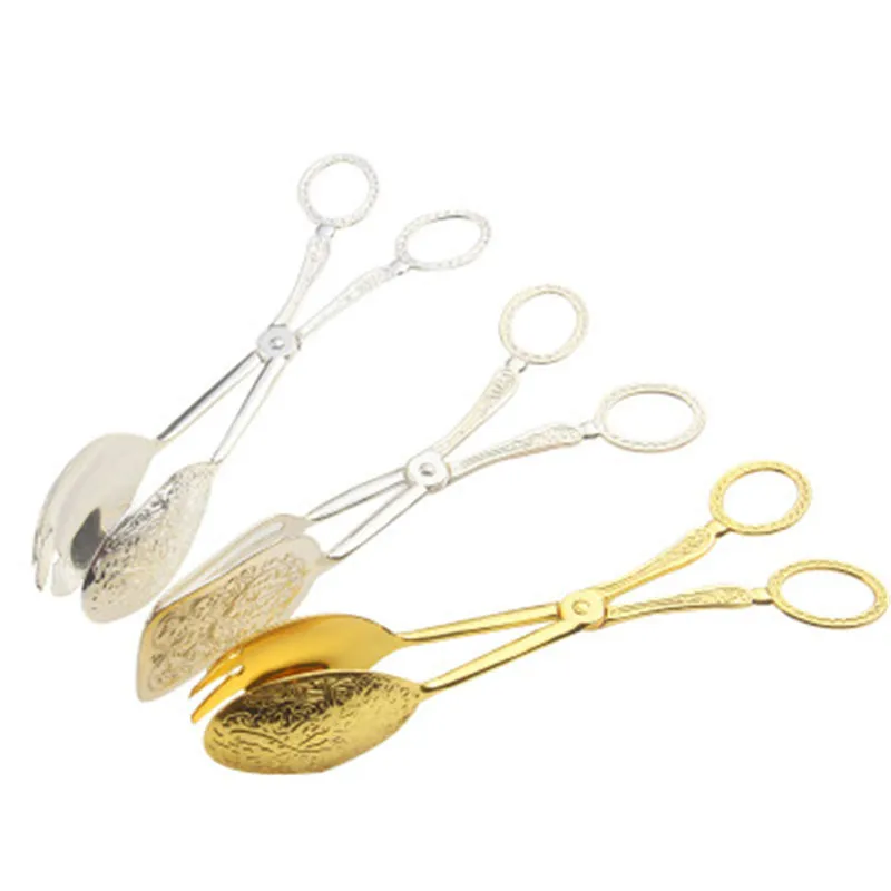 

Food Tong Gold-plated Snack Cake Clip Salad Bread Pastry Clamp Baking Barbecue Tool Fruit Salad Cake Clip Kitchen Utensils